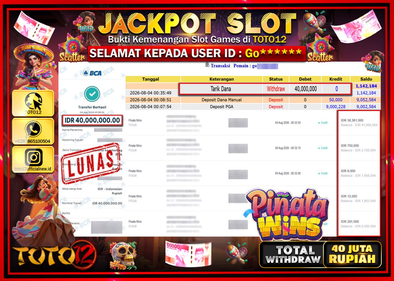 HANYA DI TOTO12 JP PASTI DI BAYAR LUNAS DAN CEPAT!!!!!! JACKPOT SLOT GAME (PINATA WINS) Rp40.000.000!!!!