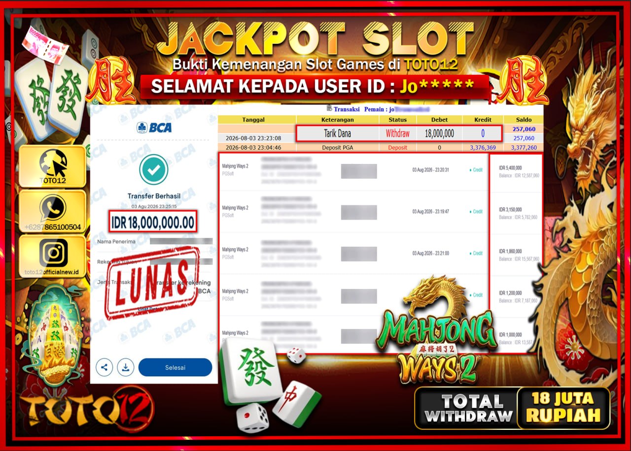 HANYA DI TOTO12 JP PASTI DI BAYAR LUNAS DAN CEPAT!!!!!! JACKPOT SLOT GAME (MAHJONG WAYS 2) Rp18.000.000!!!!