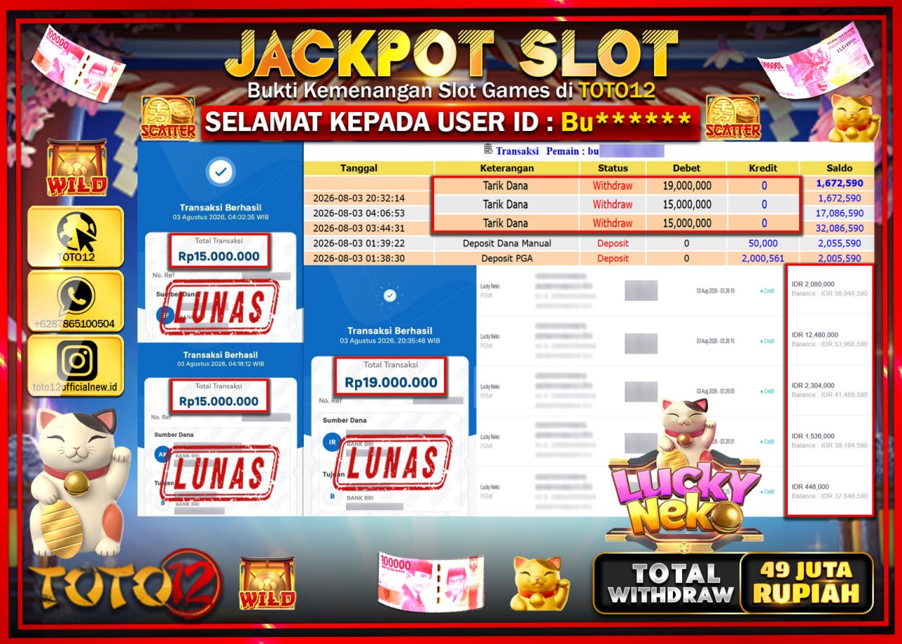 HANYA DI TOTO12 JP PASTI DI BAYAR LUNAS DAN CEPAT!!!!!! JACKPOT SLOT GAME (LUCKY NEKO) Rp49.000.000!!!!