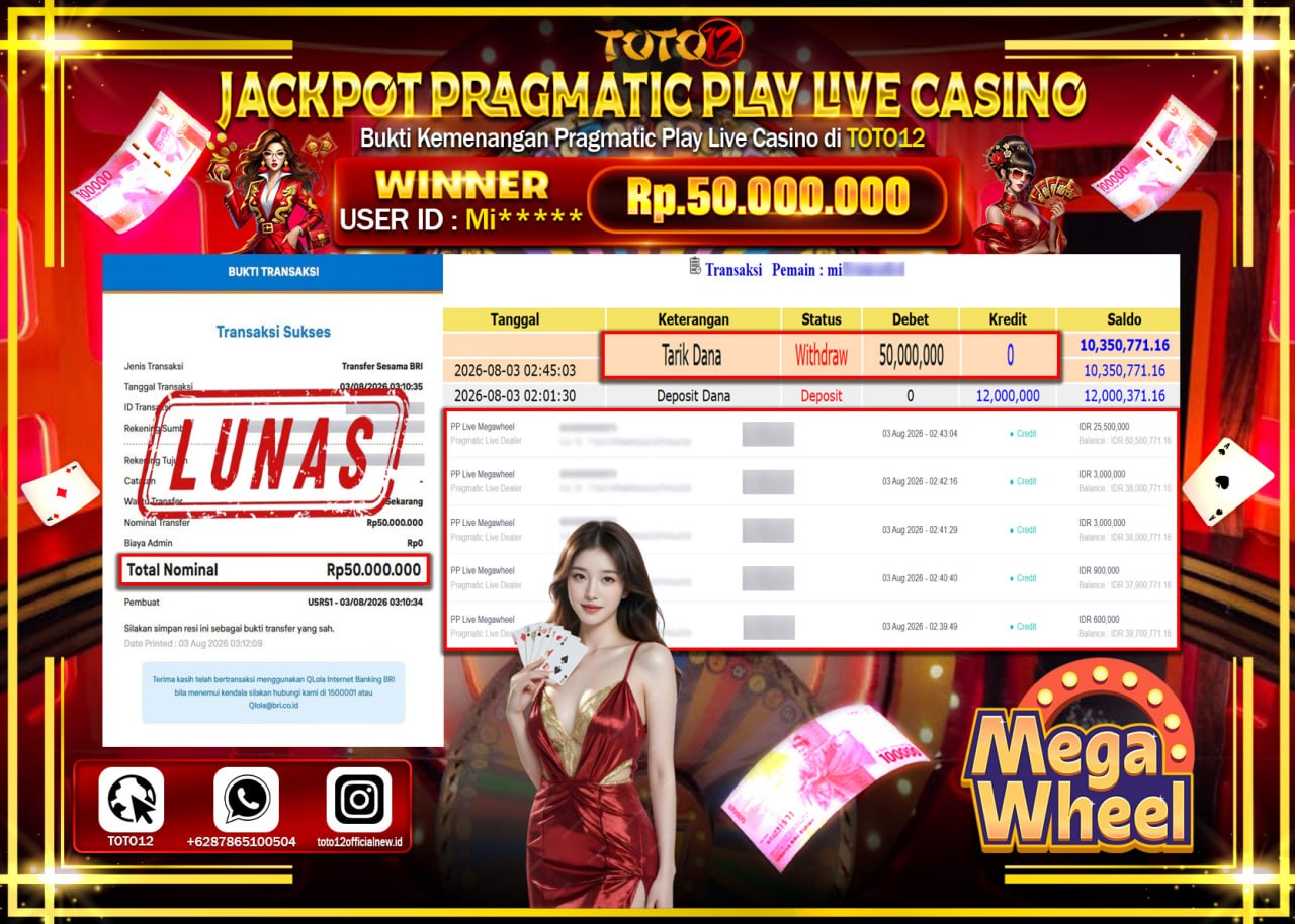 HANYA DI TOTO12 JP PASTI DI BAYAR LUNAS DAN CEPAT!!!!!! JACKPOT PRAGMATIC PLAY LIVE GAME CASINO (PP LIVE MEGAWHELL) Rp50.000.000!!!!