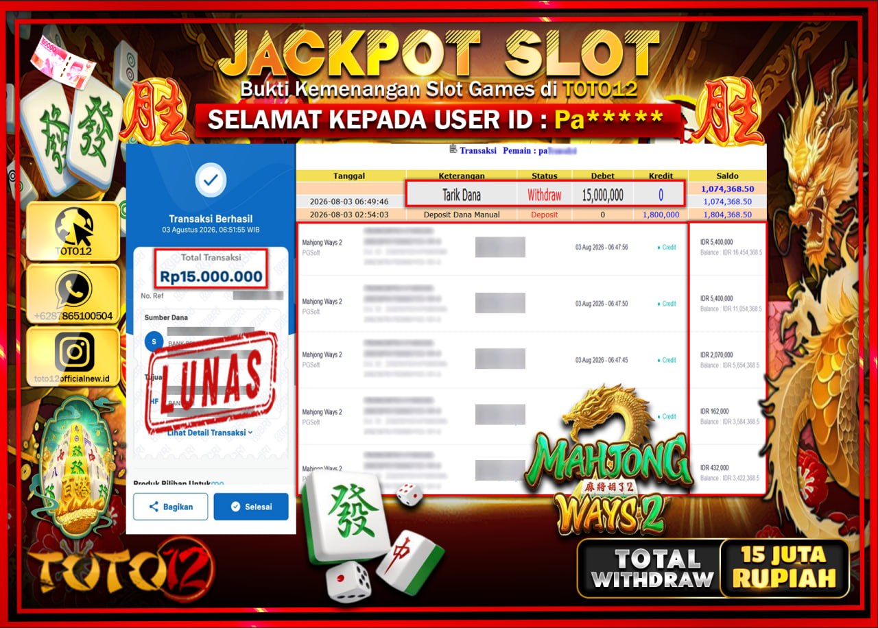 HANYA DI TOTO12 JP PASTI DI BAYAR LUNAS DAN CEPAT!!!!!! JACKPOT SLOT GAME (MAHJONG WAYS 2) Rp15.000.000!!!!
