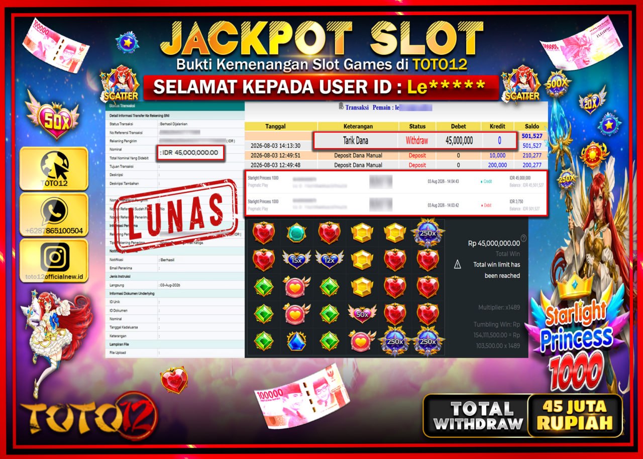 HANYA DI TOTO12 JP PASTI DI BAYAR LUNAS DAN CEPAT!!!!!! JACKPOT SLOT GAME (STARLIGHT PRINCESS 1000) Rp45.000.000!!!!