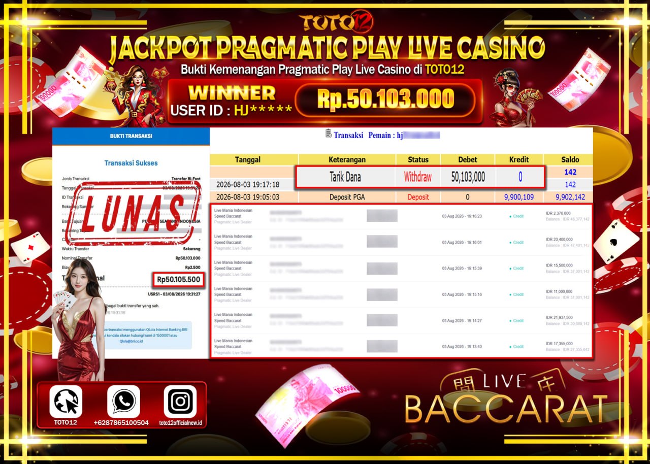 HANYA DI TOTO12 JP PASTI DI BAYAR LUNAS DAN CEPAT!!!!!! JACKPOT PRAGMATIC PLAY LIVE GAME CASINO (LIVE MANIA INDONESIA SPEED BACCARAT) Rp50.103.000!!!!