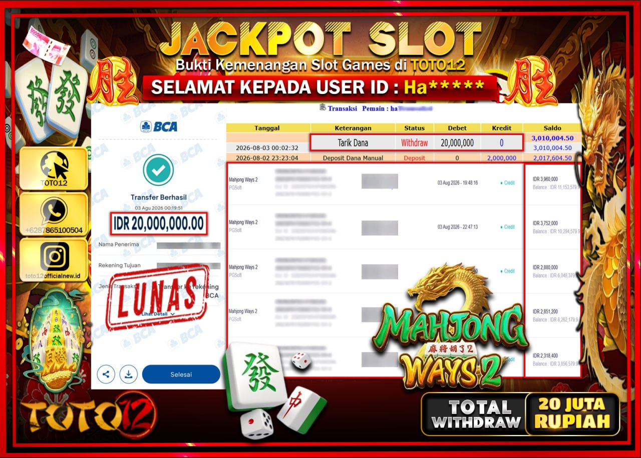 HANYA DI TOTO12 JP PASTI DI BAYAR LUNAS DAN CEPAT!!!!!! JACKPOT SLOT GAME (MAHJONG WAYS 2) Rp20.000.000!!!!