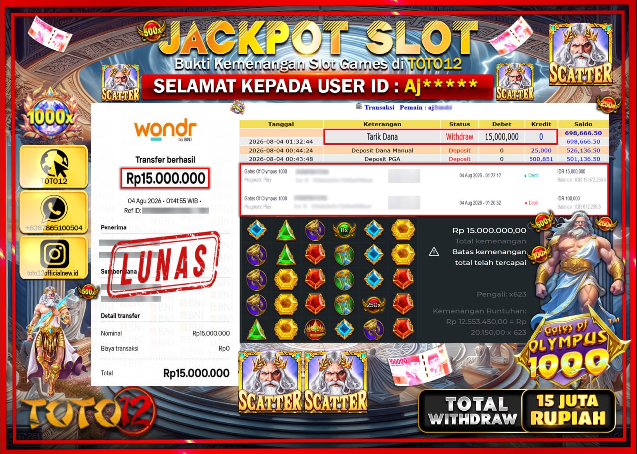 HANYA DI TOTO12 JP PASTI DI BAYAR LUNAS DAN CEPAT!!!!!! JACKPOT SLOT GAME (GATES OF OLYMPUS 1000) Rp15.000.000!!!!