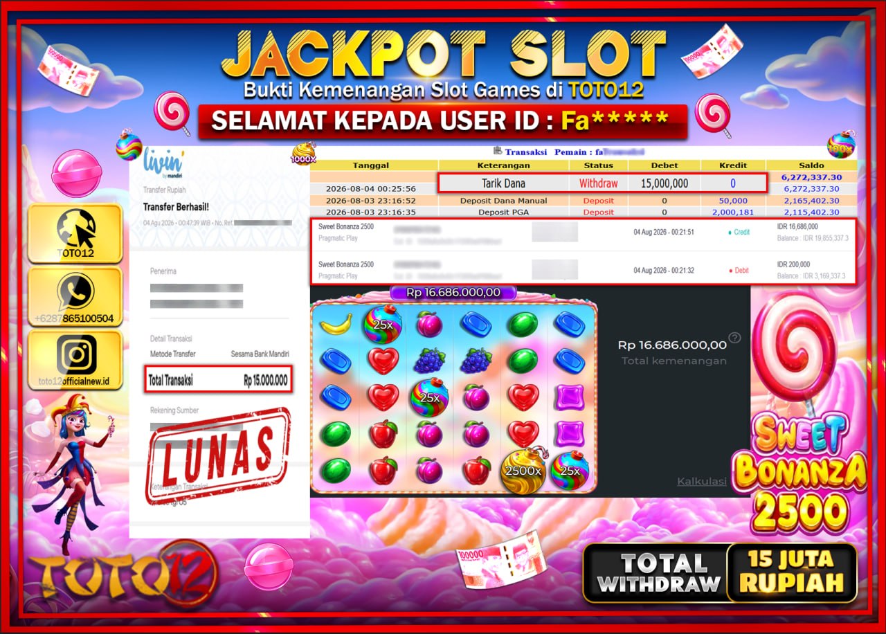 HANYA DI TOTO12 JP PASTI DI BAYAR LUNAS DAN CEPAT!!!!!! JACKPOT SLOT GAME (SWEET BONANZA 2500) Rp15.000.000!!!!