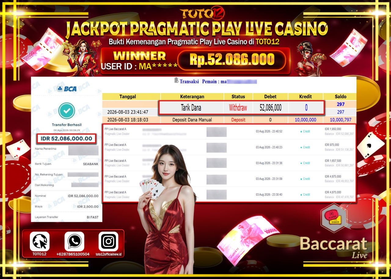 HANYA DI TOTO12 JP PASTI DI BAYAR LUNAS DAN CEPAT!!!!!! JACKPOT PRAGMATIC PLAY LIVE GAME CASINO (PP LIVE BACCARAT A) Rp52.086.000!!!!