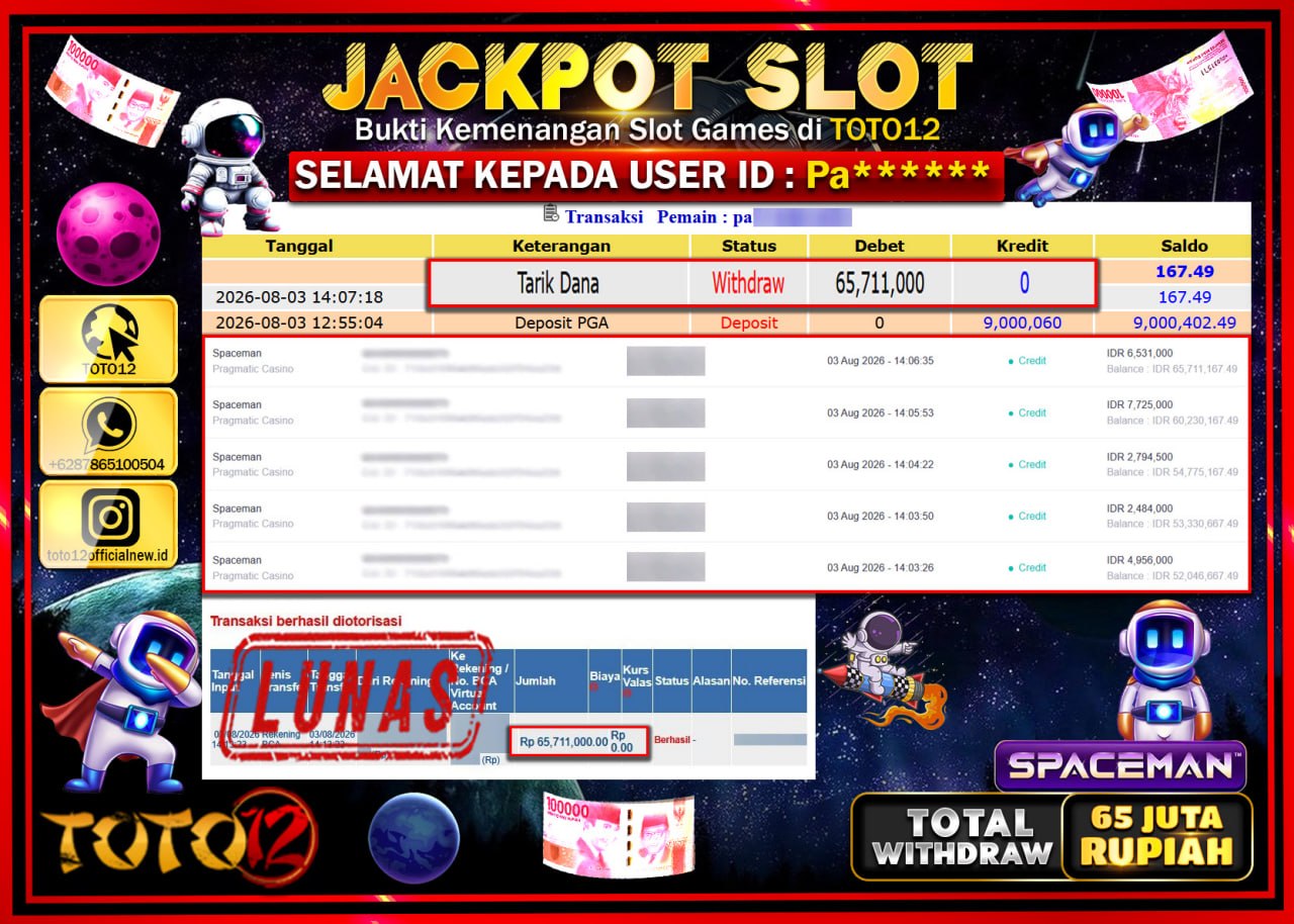 HANYA DI TOTO12 JP PASTI DI BAYAR LUNAS DAN CEPAT!!!!!! JACKPOT SLOT GAME (SPACEMAN) Rp65.711.000!!!!