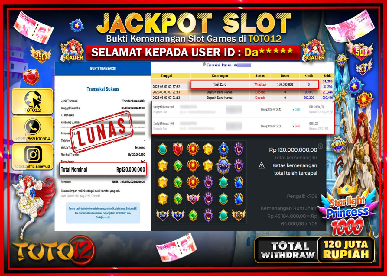 HANYA DI TOTO12 JP PASTI DI BAYAR LUNAS DAN CEPAT!!!!!! JACKPOT SLOT GAME (STARLIGHT PRINCESS 1000) Rp120.000.000!!!!