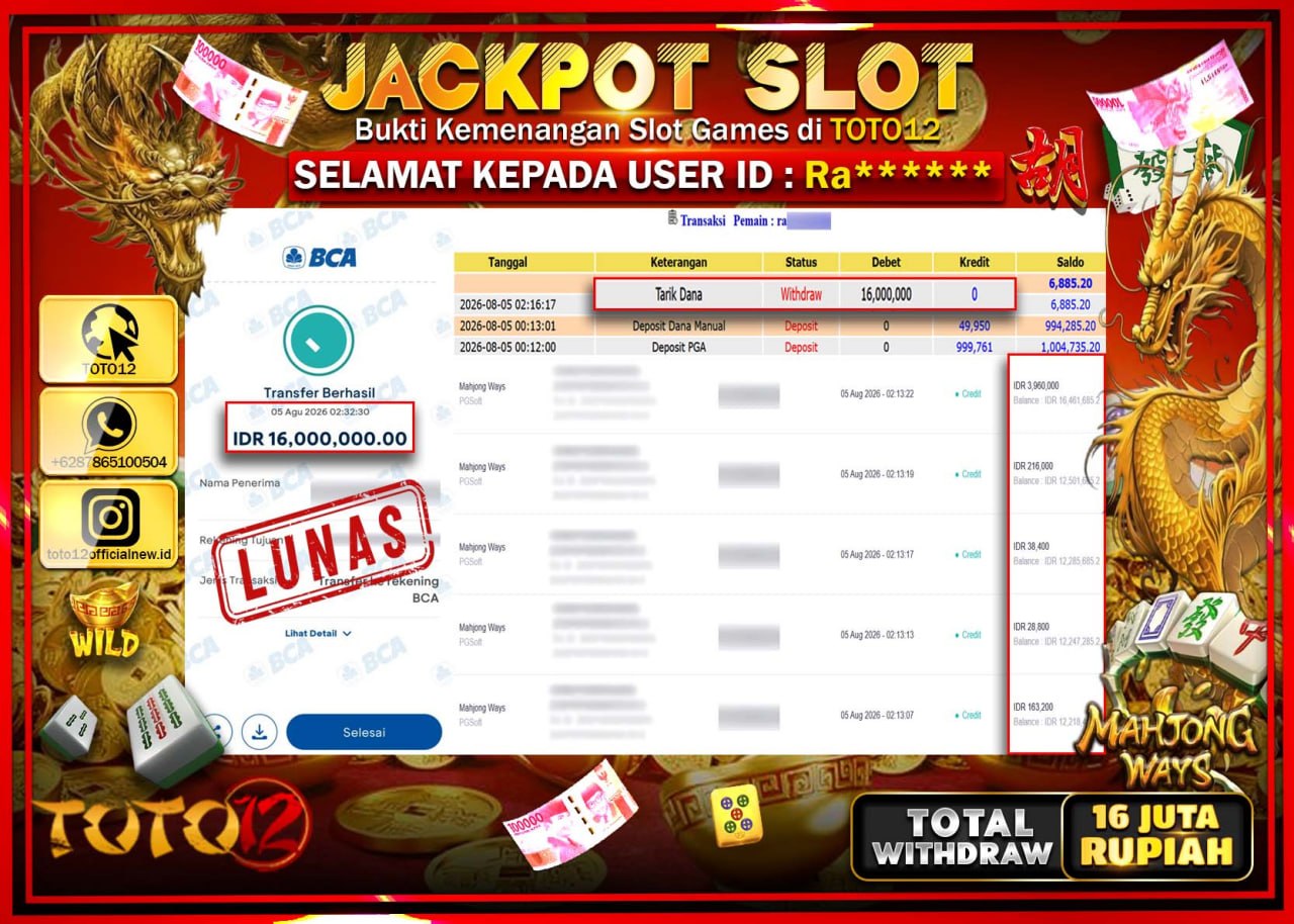 HANYA DI TOTO12 JP PASTI DI BAYAR LUNAS DAN CEPAT!!!!!! JACKPOT SLOT GAME (MAHJONG WAYS) Rp16.000.000!!!!