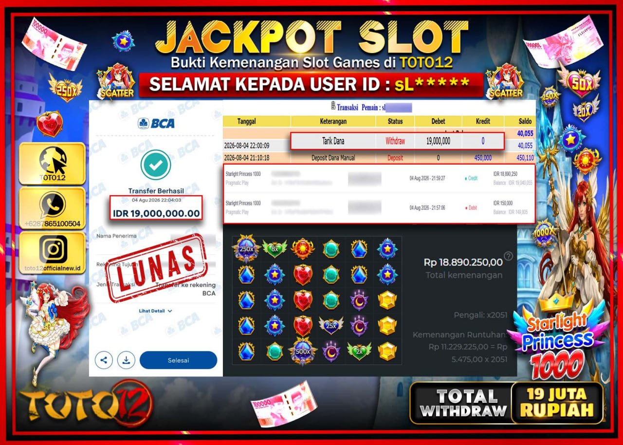 HANYA DI TOTO12 JP PASTI DI BAYAR LUNAS DAN CEPAT!!!!!! JACKPOT SLOT GAME (STARLIGHT PRINCESS 1000) Rp19.000.000!!!!
