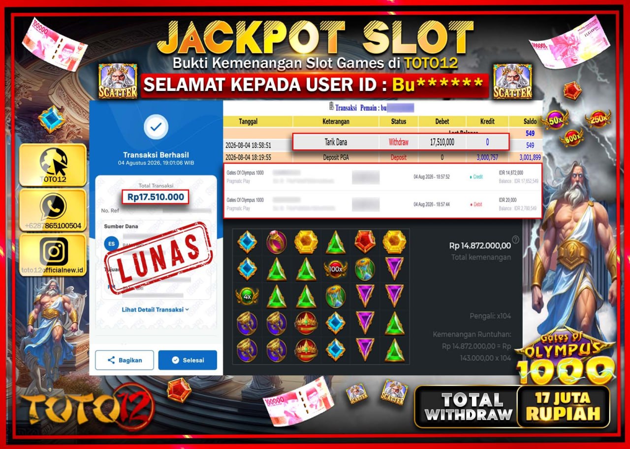 HANYA DI TOTO12 JP PASTI DI BAYAR LUNAS DAN CEPAT!!!!!! JACKPOT SLOT GAME (GATES OF OLYMPUS 1000) Rp17.510.000!!!!