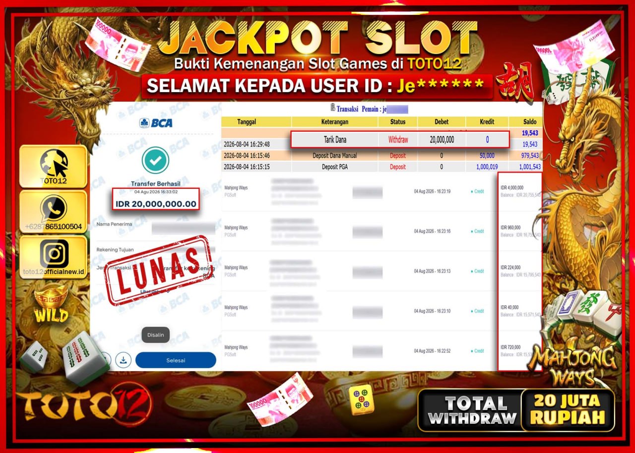 HANYA DI TOTO12 JP PASTI DI BAYAR LUNAS DAN CEPAT!!!!!! JACKPOT SLOT GAME (MAHJONG WAYS) Rp20.000.000!!!!