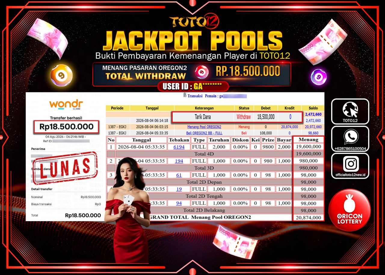 HANYA DI TOTO12 JP PASTI DI BAYAR LUNAS DAN CEPAT!!!!!! JACKPOT POOLS PASARAN (OREGON 2) Rp18.500.000!!!!