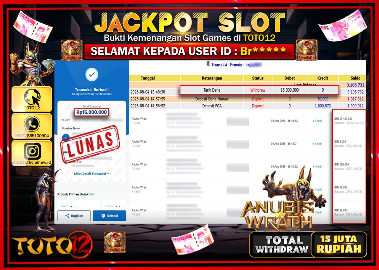 HANYA DI TOTO12 JP PASTI DI BAYAR LUNAS DAN CEPAT!!!!!! JACKPOT SLOT GAME (ANUBIS WRATH) Rp15.000.000!!!!