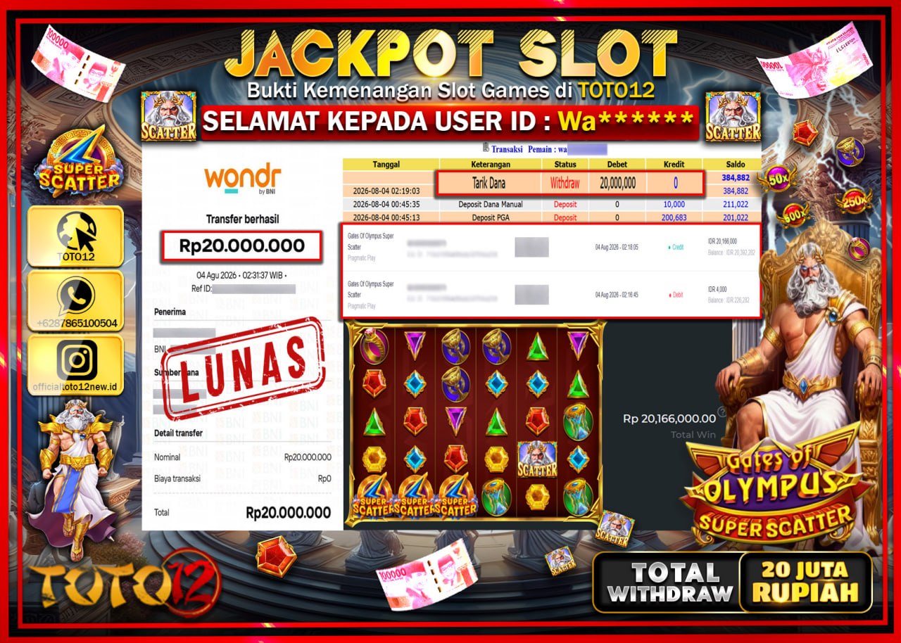 HANYA DI TOTO12 JP PASTI DI BAYAR LUNAS DAN CEPAT!!!!!! JACKPOT SLOT GAME (GATES OF OLYMPUS SUPER SCATTER) Rp20.000.000!!!!