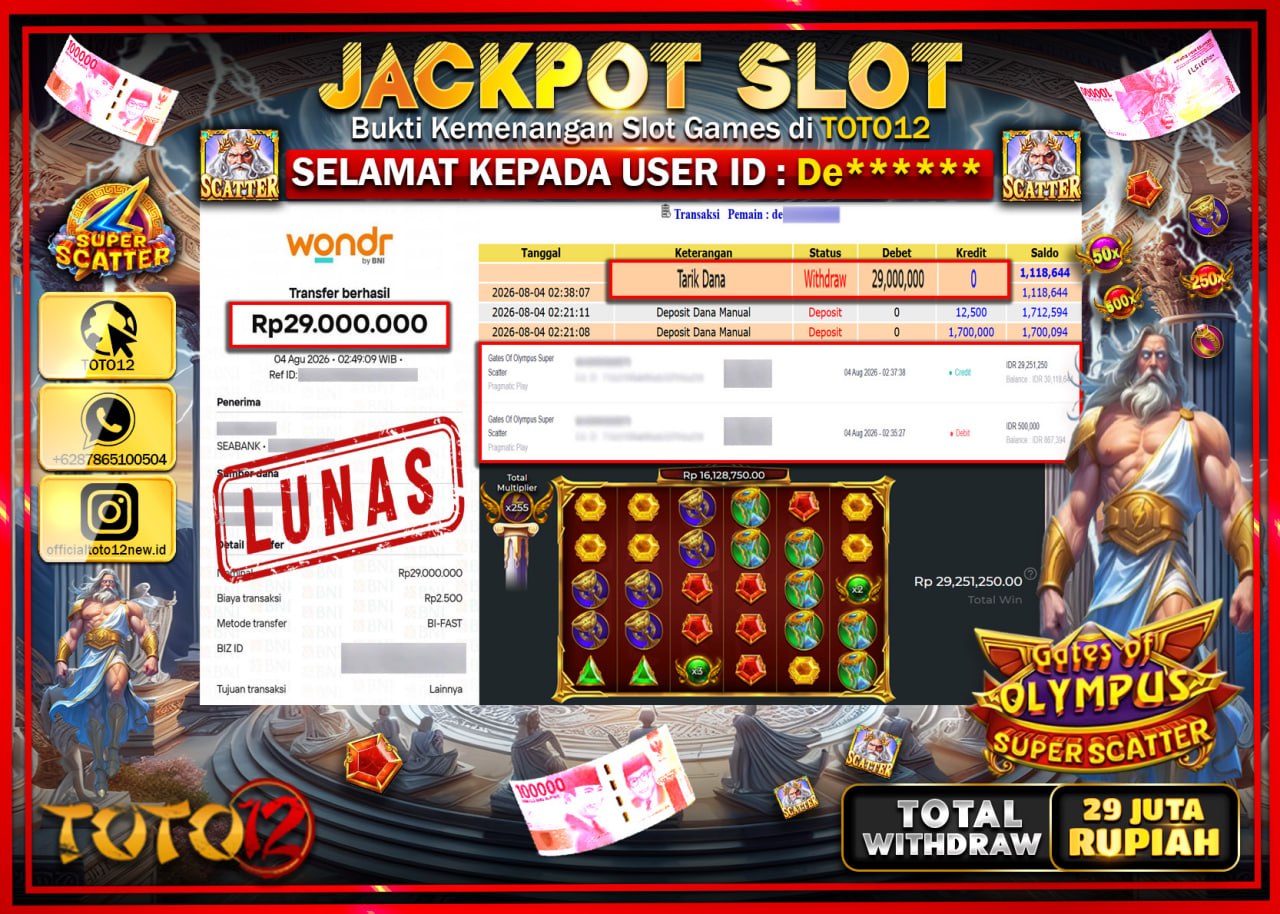 HANYA DI TOTO12 JP PASTI DI BAYAR LUNAS DAN CEPAT!!!!!! JACKPOT SLOT GAME (GATES OF OLYMPUS SUPER SCATTER) Rp29.000.000!!!!