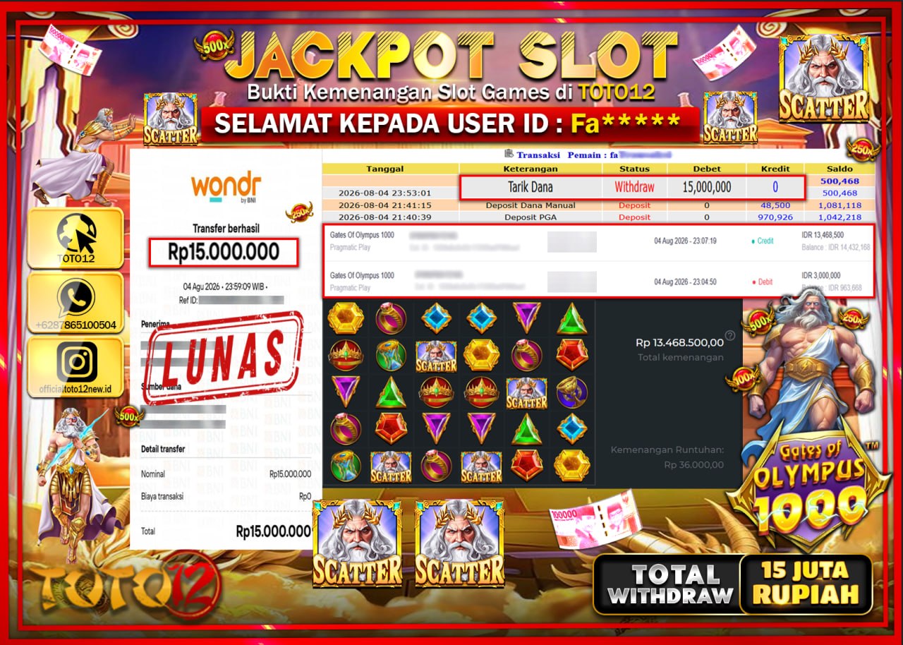 HANYA DI TOTO12 JP PASTI DI BAYAR LUNAS DAN CEPAT!!!!!! JACKPOT SLOT GAME (GATES OF OLYMPUS 1000) Rp15.000.000!!!!
