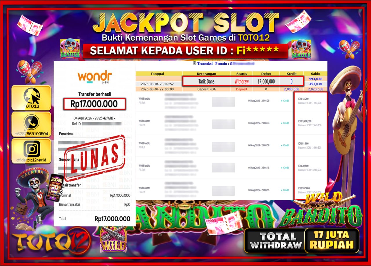 HANYA DI TOTO12 JP PASTI DI BAYAR LUNAS DAN CEPAT!!!!!! JACKPOT SLOT GAME (WILD BANDITO) Rp17.000.000!!!!