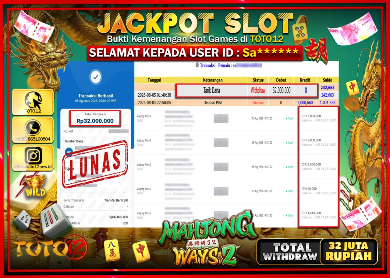 HANYA DI TOTO12 JP PASTI DI BAYAR LUNAS DAN CEPAT!!!!!! JACKPOT SLOT GAME (MAHJONG WAYS 2) Rp32.000.000!!!!