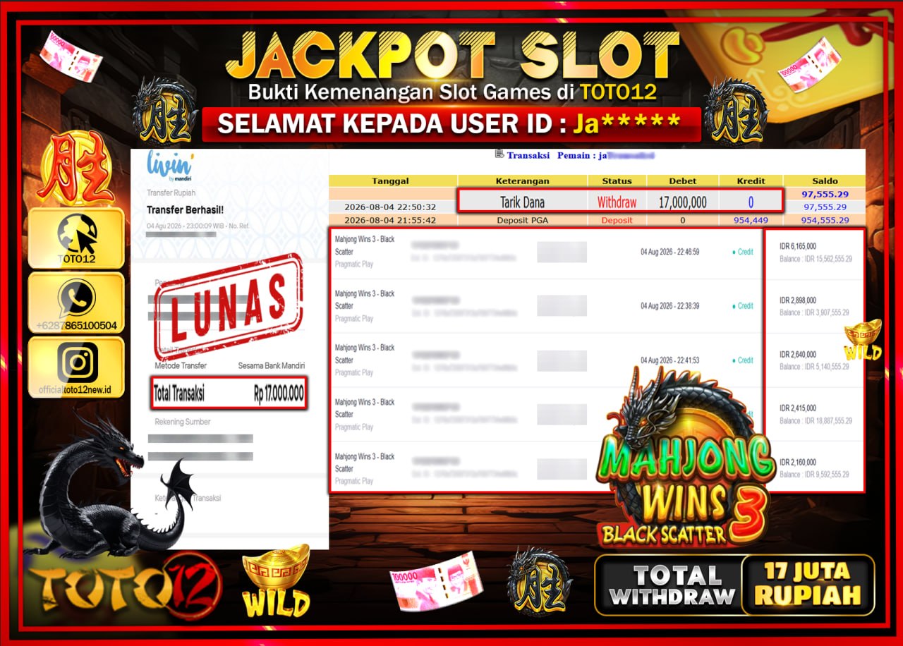 HANYA DI TOTO12 JP PASTI DI BAYAR LUNAS DAN CEPAT!!!!!! JACKPOT SLOT GAME (MAHJONG WINS 3 BLACK SCATTER) Rp17.000.000!!!!
