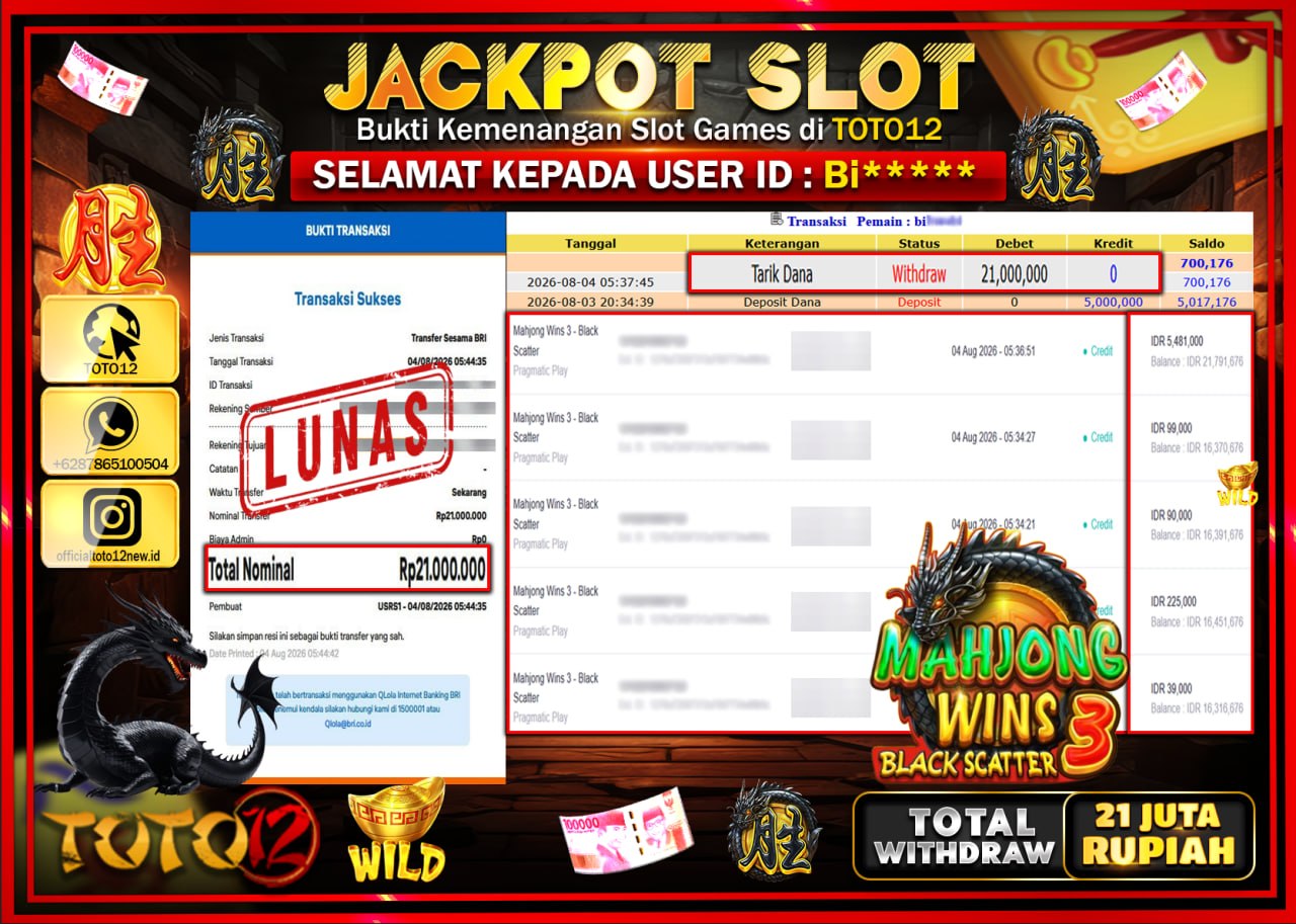 HANYA DI TOTO12 JP PASTI DI BAYAR LUNAS DAN CEPAT!!!!!! JACKPOT SLOT GAME (MAHJONG WINS 3 BLACK SCATTER) Rp21.000.000!!!!