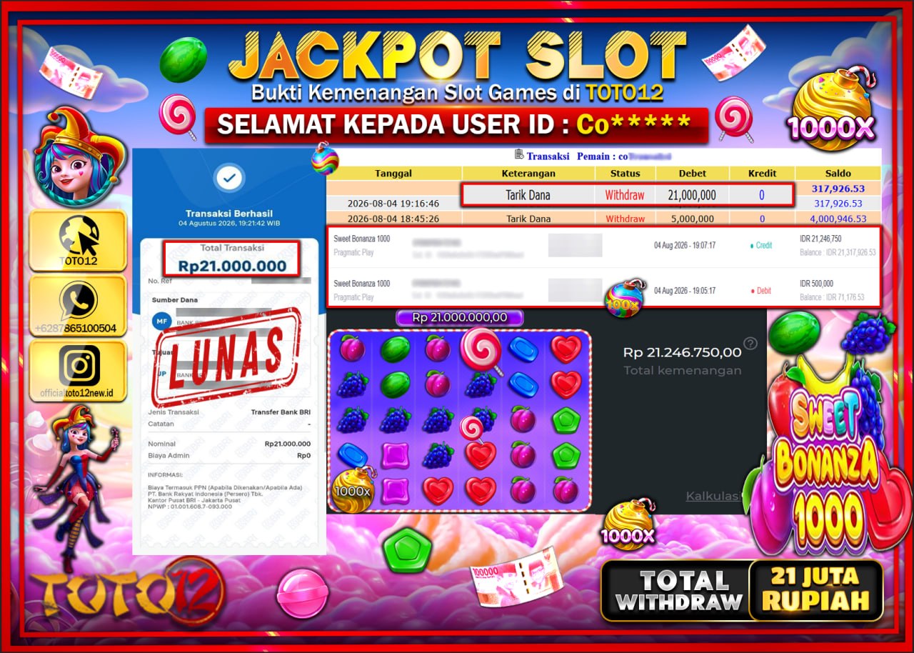 HANYA DI TOTO12 JP PASTI DI BAYAR LUNAS DAN CEPAT!!!!!! JACKPOT SLOT GAME (SWEET BONANZA 1000) Rp21.000.000!!!!