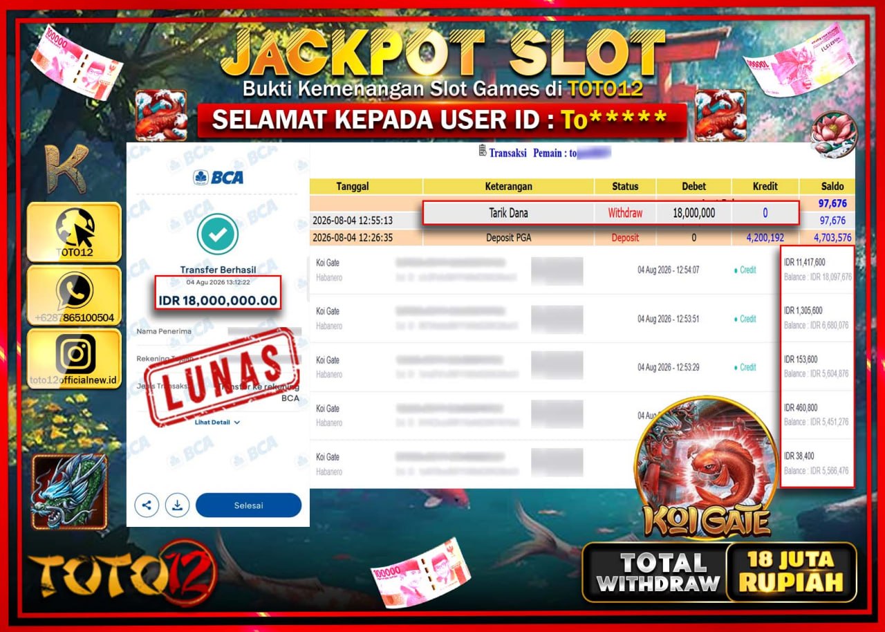 HANYA DI TOTO12 JP PASTI DI BAYAR LUNAS DAN CEPAT!!!!!! JACKPOT SLOT GAME (KOI GATE) Rp18.000.000!!!!