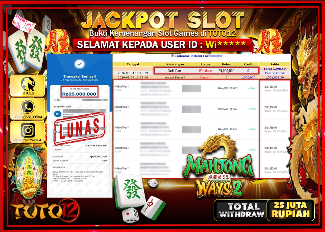 HANYA DI TOTO12 JP PASTI DI BAYAR LUNAS DAN CEPAT!!!!!! JACKPOT SLOT GAME (MAHJONG WAYS 2) Rp25.000.000!!!!