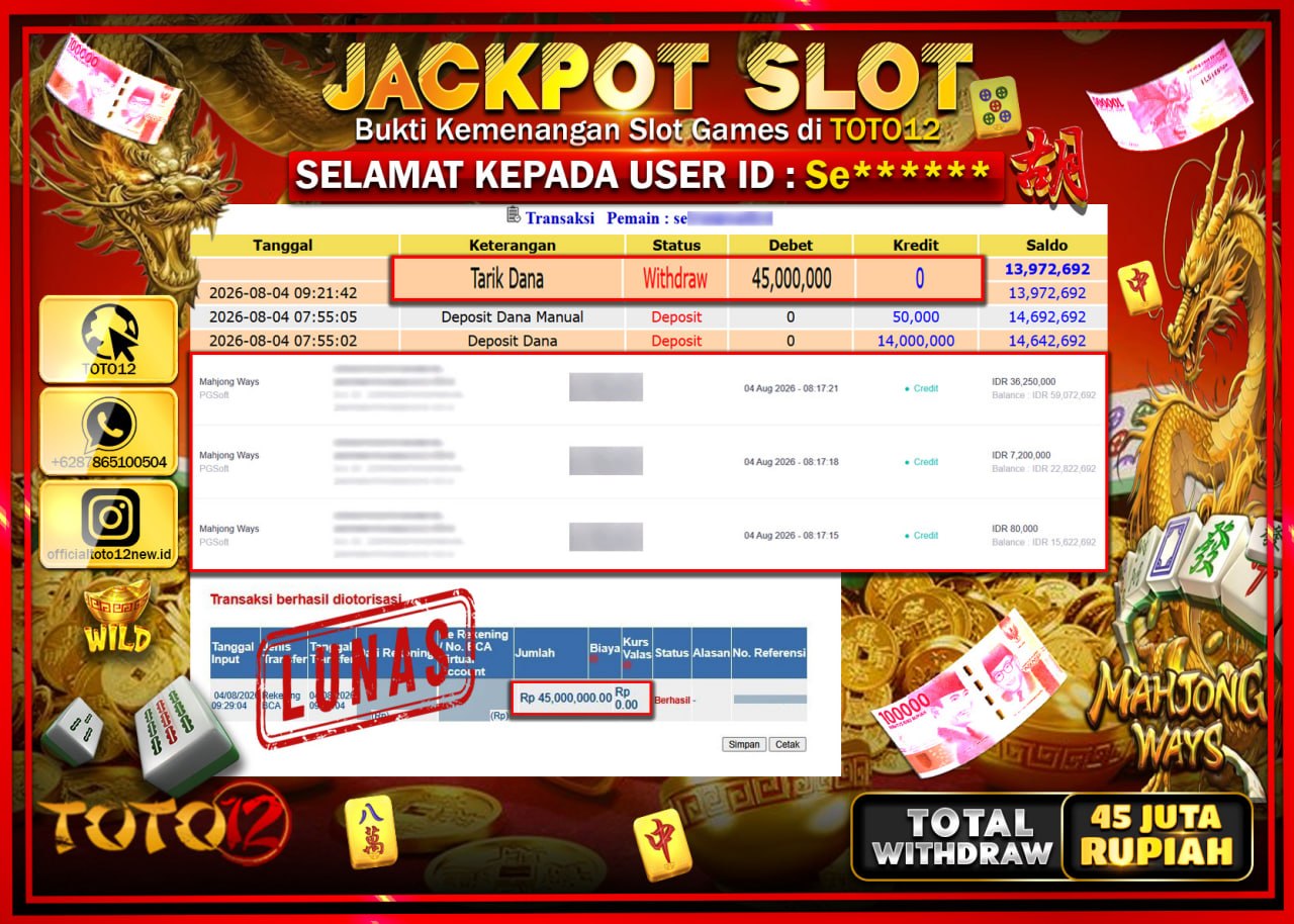 HANYA DI TOTO12 JP PASTI DI BAYAR LUNAS DAN CEPAT!!!!!! JACKPOT SLOT GAME (MAHJONG WAYS) Rp45.000.000!!!!