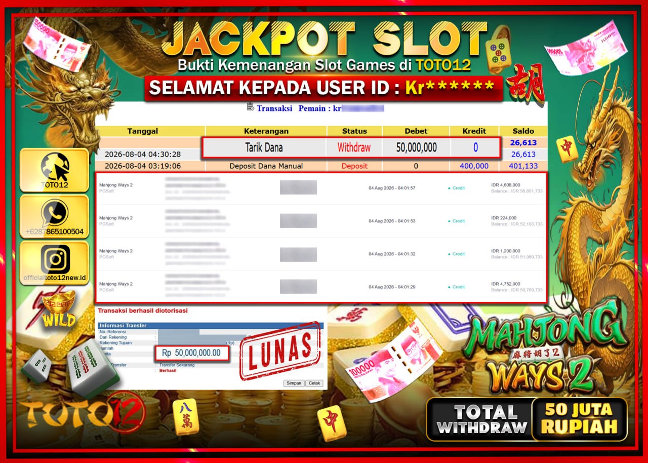 HANYA DI TOTO12 JP PASTI DI BAYAR LUNAS DAN CEPAT!!!!!! JACKPOT SLOT GAME (MAHJONG WAYS 2) Rp50.000.000!!!!