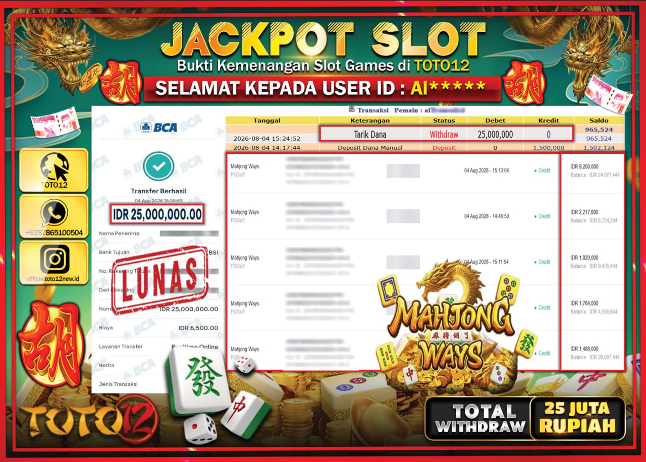 HANYA DI TOTO12 JP PASTI DI BAYAR LUNAS DAN CEPAT!!!!!! JACKPOT SLOT GAME (MAHJONG WAYS) Rp25.000.000!!!!