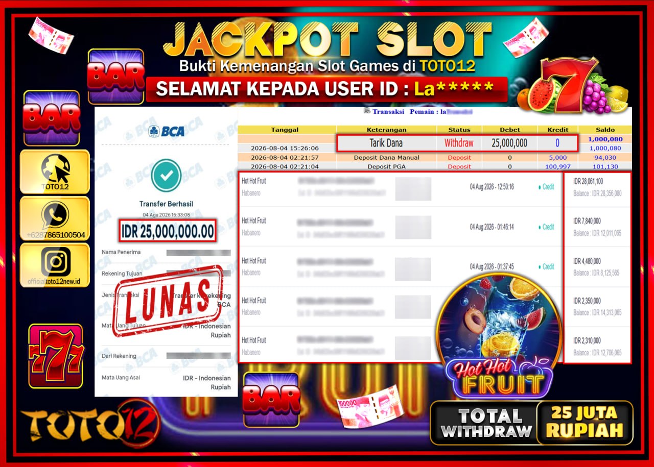 HANYA DI TOTO12 JP PASTI DI BAYAR LUNAS DAN CEPAT!!!!!! JACKPOT SLOT GAME (HOT HOT FRUIT) Rp25.000.000!!!!