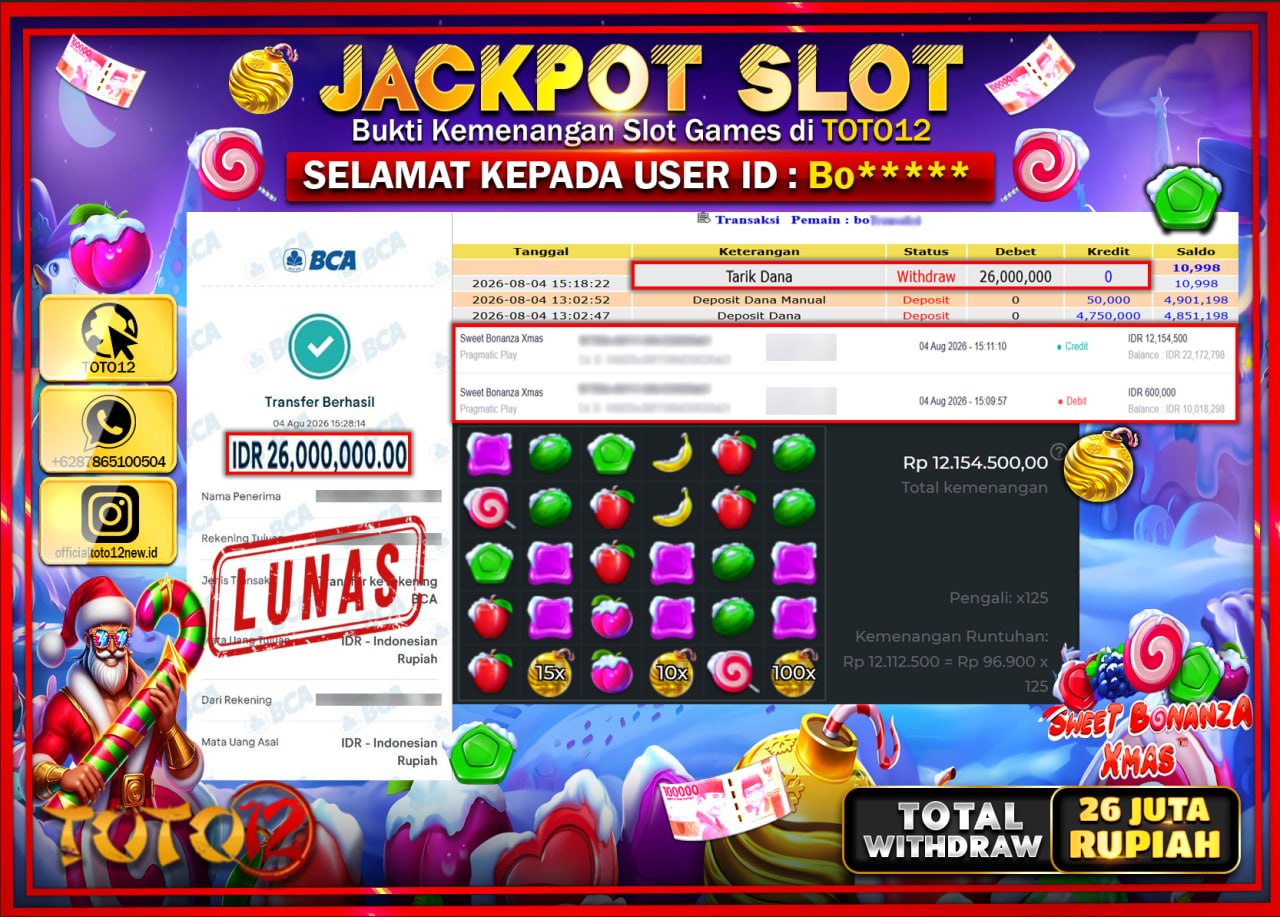 HANYA DI TOTO12 JP PASTI DI BAYAR LUNAS DAN CEPAT!!!!!! JACKPOT SLOT GAME (SWEET BONANZA XMAS) Rp26.000.000!!!!
