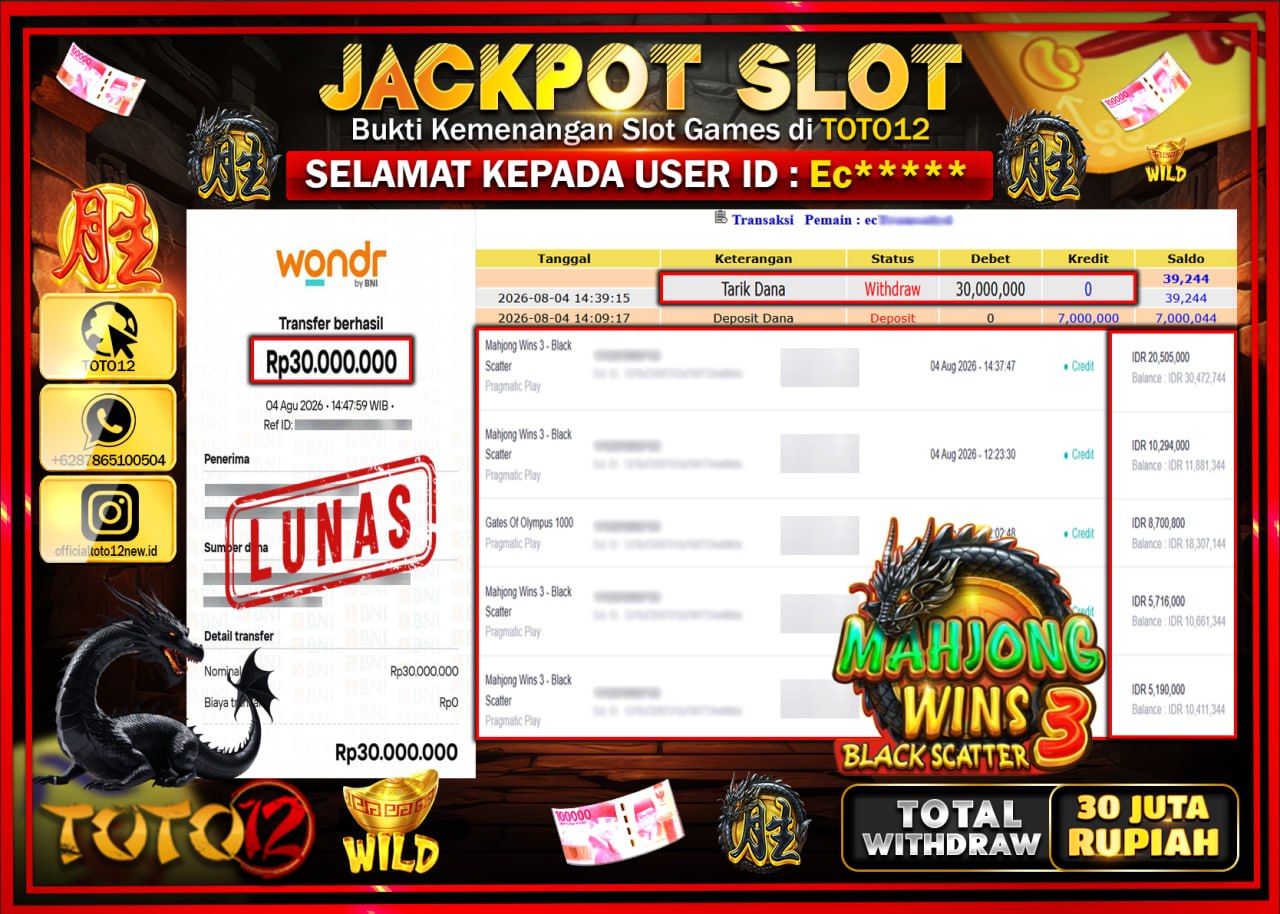 HANYA DI TOTO12 JP PASTI DI BAYAR LUNAS DAN CEPAT!!!!!! JACKPOT SLOT GAME (MAHJONG WINS 3 BLACK SCATTER) Rp30.000.000!!!!