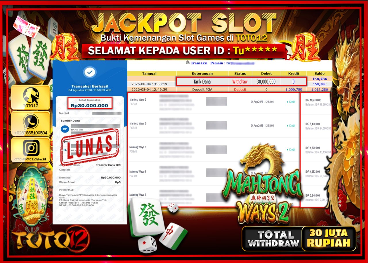 HANYA DI TOTO12 JP PASTI DI BAYAR LUNAS DAN CEPAT!!!!!! JACKPOT SLOT GAME (MAHJONG WAYS 2) Rp30.000.000!!!!