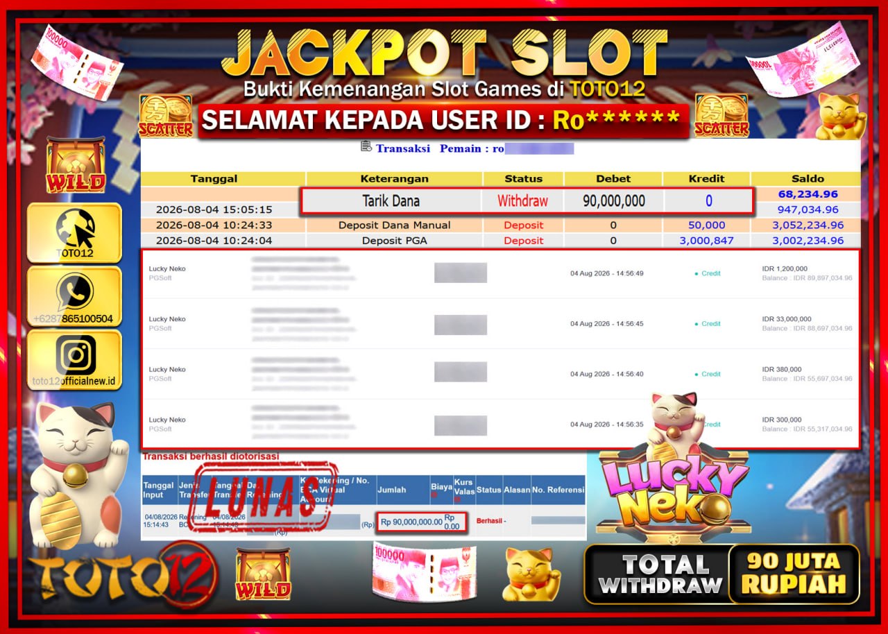 HANYA DI TOTO12 JP PASTI DI BAYAR LUNAS DAN CEPAT!!!!!! JACKPOT SLOT GAME (LUCKY NEKO) Rp90.000.000!!!!