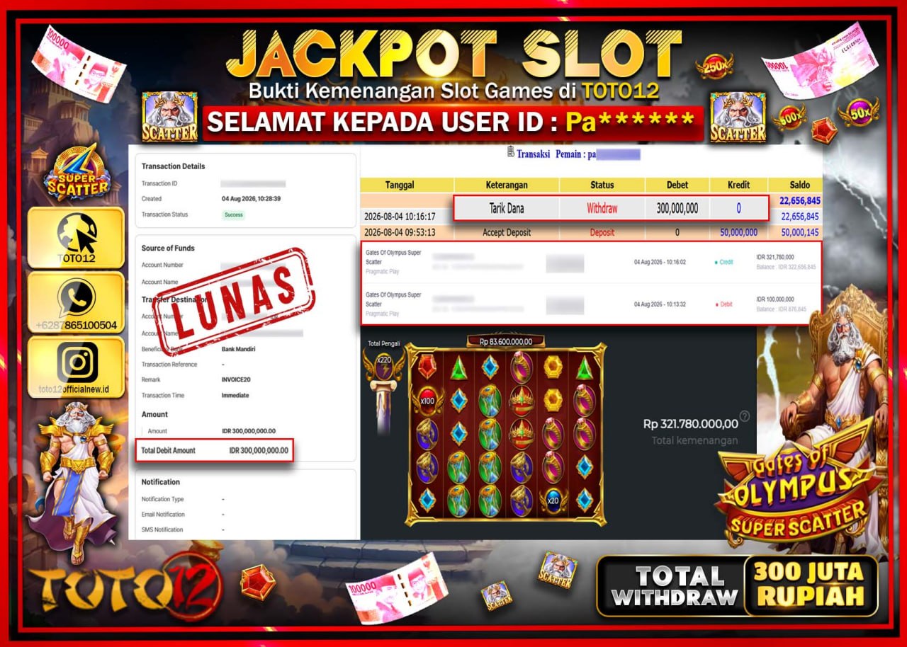 HANYA DI TOTO12 JP PASTI DI BAYAR LUNAS DAN CEPAT!!!!!! JACKPOT SLOT GAME (GATES OF OLYMPUS SUPER SCATTER) Rp300.000.000!!!!