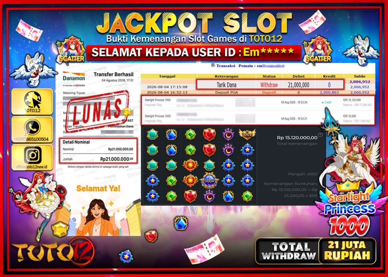 HANYA DI TOTO12 JP PASTI DI BAYAR LUNAS DAN CEPAT!!!!!! JACKPOT SLOT GAME (STARLIGHT PRINCESS 1000) Rp21.000.000!!!!