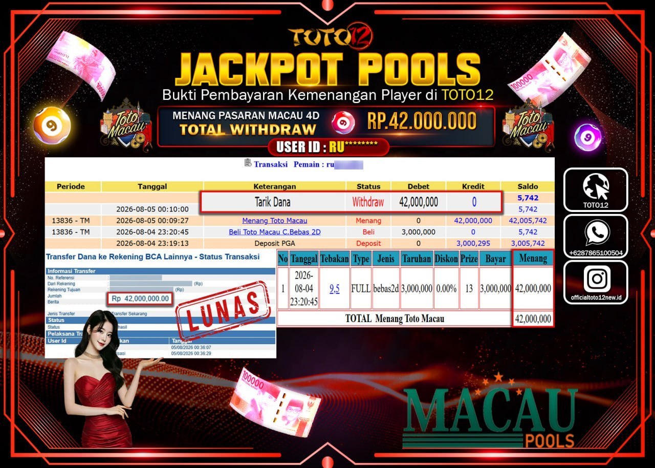 HANYA DI TOTO12 JP PASTI DI BAYAR LUNAS DAN CEPAT!!!!!! JACKPOT POOLS PASARAN (MACAU 4D) Rp42.000.000!!!!