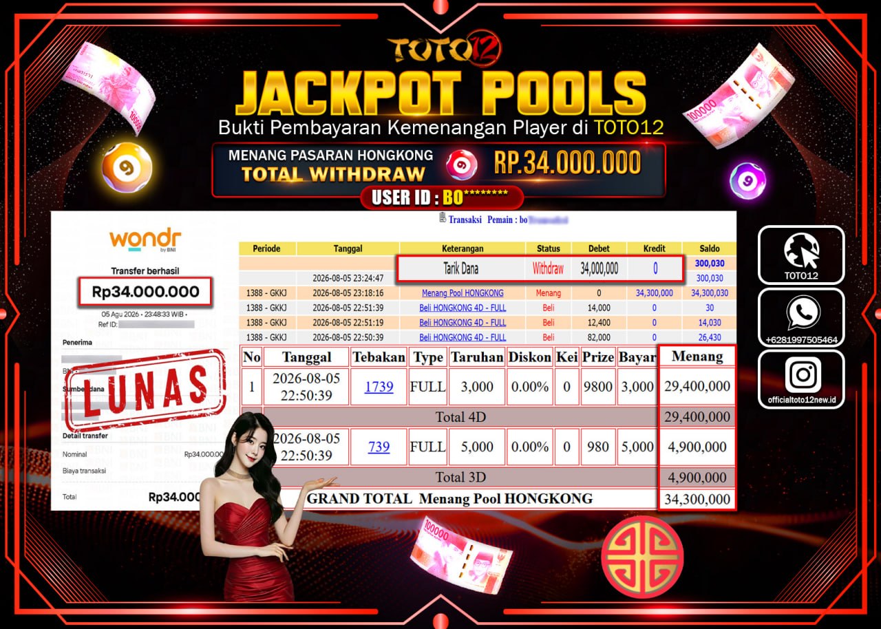 HANYA DI TOTO12 JP PASTI DI BAYAR LUNAS DAN CEPAT!!!!!! JACKPOT POOLS PASARAN (HONGKONG) Rp34.000.000!!!!