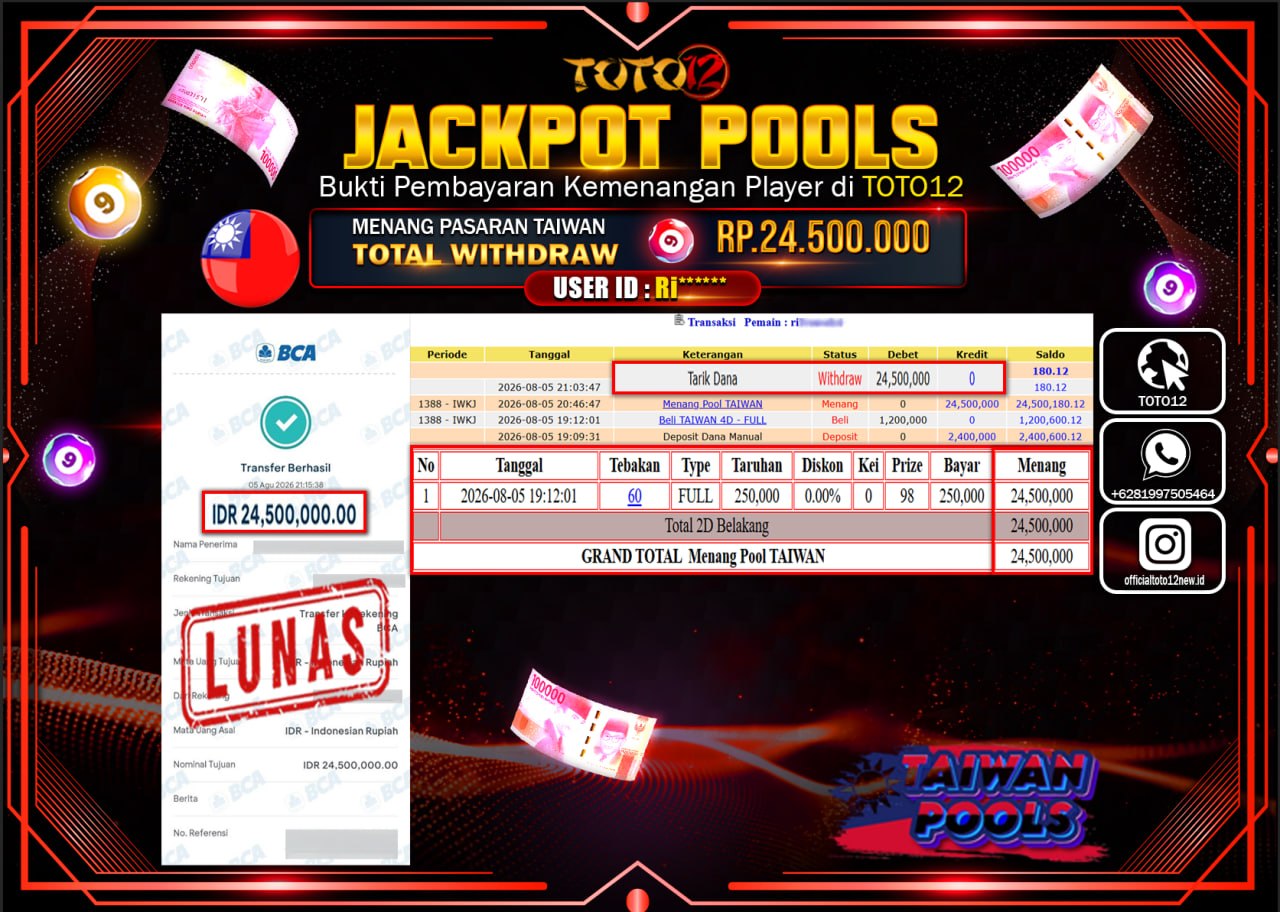 HANYA DI TOTO12 JP PASTI DI BAYAR LUNAS DAN CEPAT!!!!!! JACKPOT POOLS PASARAN (TAIWAN) Rp24.500.000!!!!