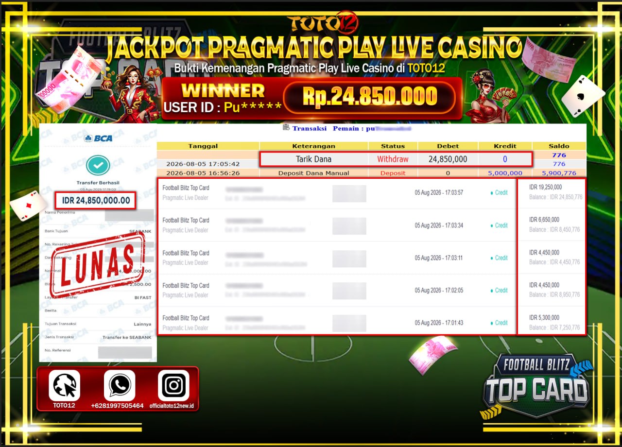HANYA DI TOTO12 JP PASTI DI BAYAR LUNAS DAN CEPAT!!!!!! JACKPOT PRAGMATIC PLAY LIVE GAME CASINO (FOOTBALL BLITZ TOP CARD) Rp24.850.000!!!!