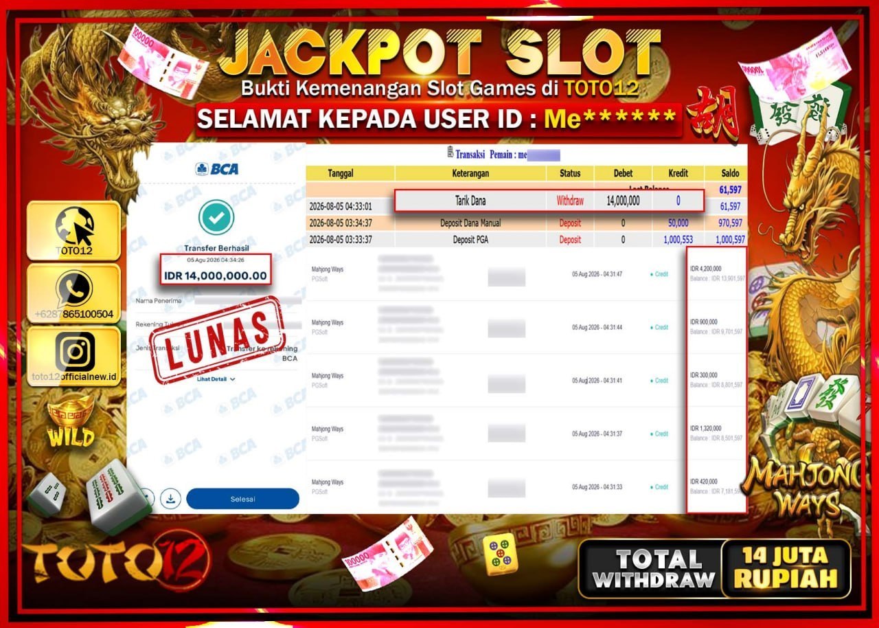 HANYA DI TOTO12 JP PASTI DI BAYAR LUNAS DAN CEPAT!!!!!! JACKPOT SLOT GAME (MAHJONG WAYS) Rp14.000.000!!!!