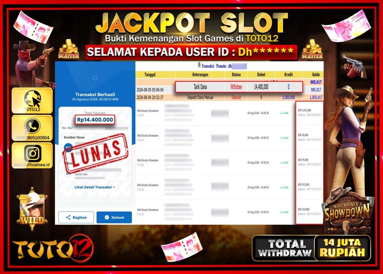 HANYA DI TOTO12 JP PASTI DI BAYAR LUNAS DAN CEPAT!!!!!! JACKPOT SLOT GAME (WILD BOUNTY SHOWDOWN) Rp14.400.000!!!!