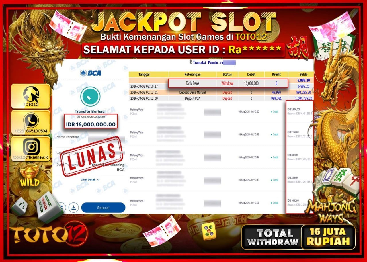 HANYA DI TOTO12 JP PASTI DI BAYAR LUNAS DAN CEPAT!!!!!! JACKPOT SLOT GAME (MAHJONG WAYS) Rp16.000.000!!!!