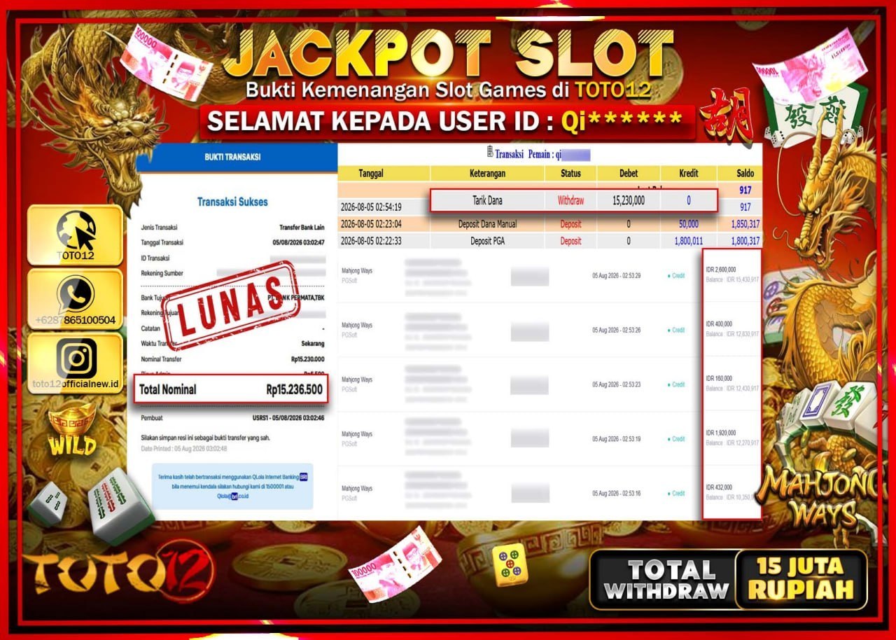 HANYA DI TOTO12 JP PASTI DI BAYAR LUNAS DAN CEPAT!!!!!! JACKPOT SLOT GAME (MAHJONG WAYS) Rp15.230.000!!!!
