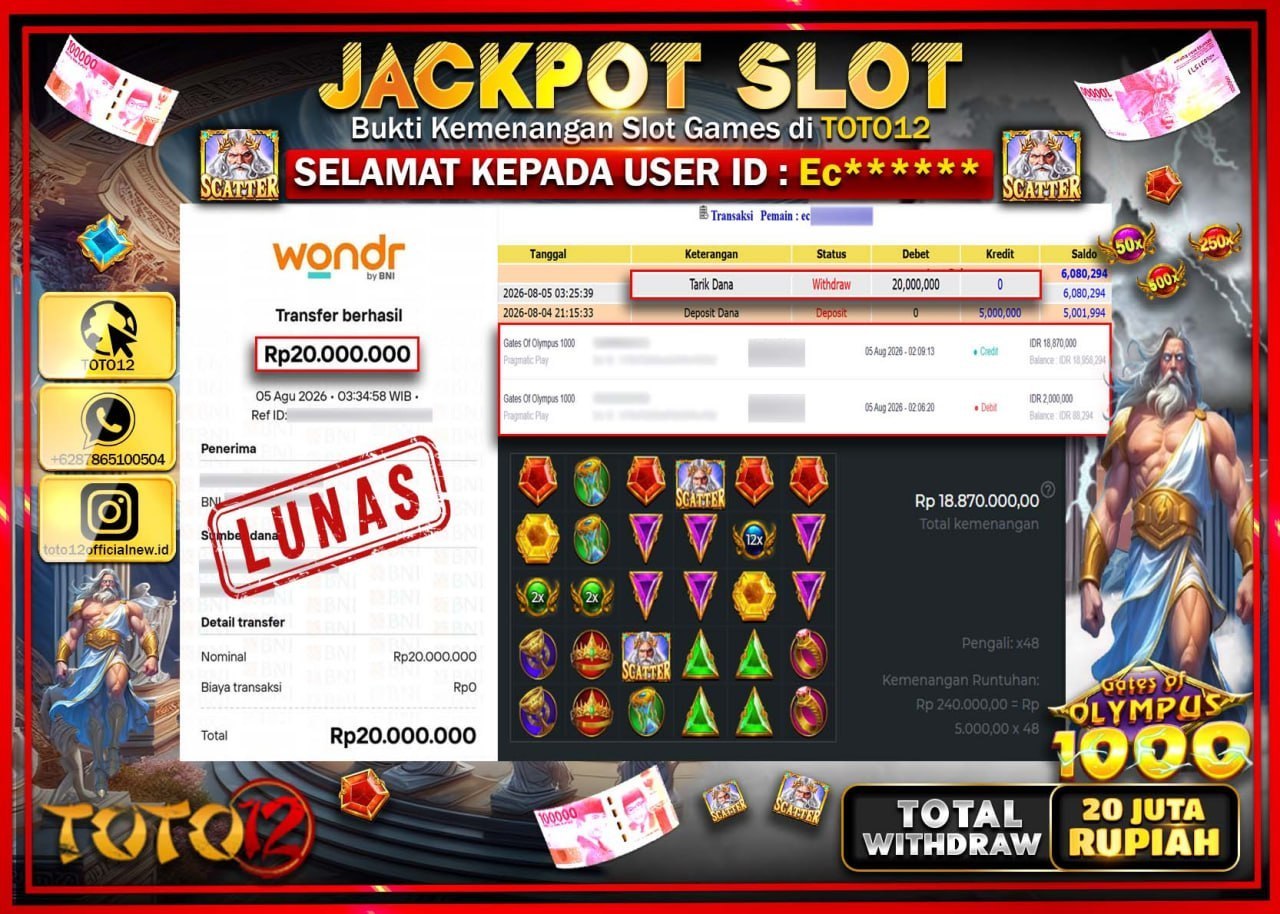 HANYA DI TOTO12 JP PASTI DI BAYAR LUNAS DAN CEPAT!!!!!! JACKPOT SLOT GAME (GATES OF OLYMPUS 1000) Rp20.000.000!!!!