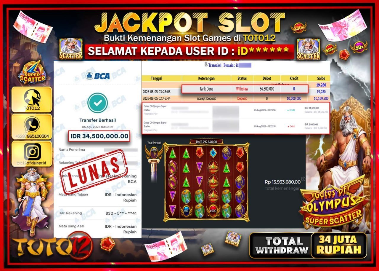 HANYA DI TOTO12 JP PASTI DI BAYAR LUNAS DAN CEPAT!!!!!! JACKPOT SLOT GAME (GATES OF OLYMPUS SUPER SCATTER) Rp34.500.000!!!!