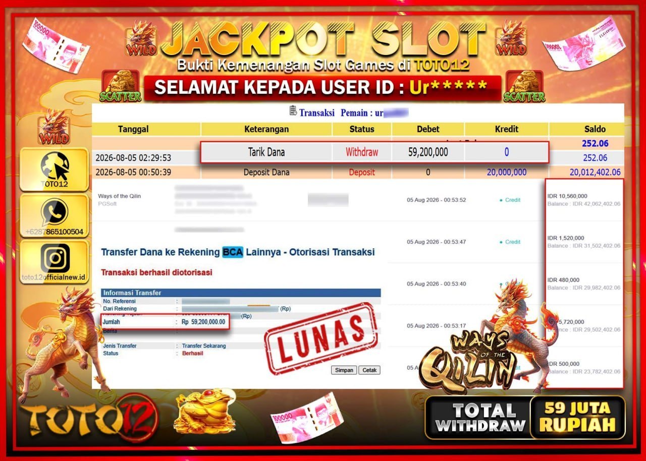 HANYA DI TOTO12 JP PASTI DI BAYAR LUNAS DAN CEPAT!!!!!! JACKPOT SLOT GAME (WAYS OF THE QILIN) Rp59.200.000!!!!
